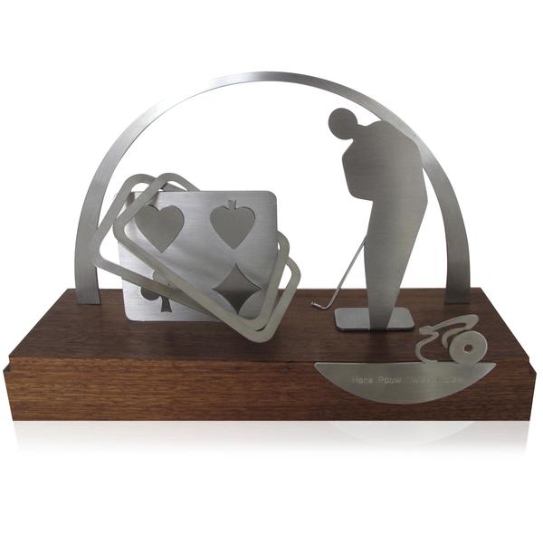 Golf - Bridge wissel prijs - Design golfspeler, bridge, wielrenner - edelstaal op hard houten voet